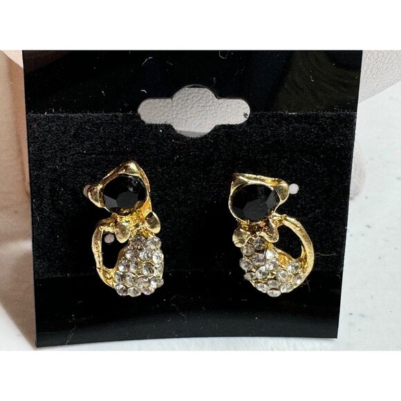 Cat Stud Earrings 3/4 inch Gold-Tone with Black and Clear Rhinestones - Picture 1 of 4